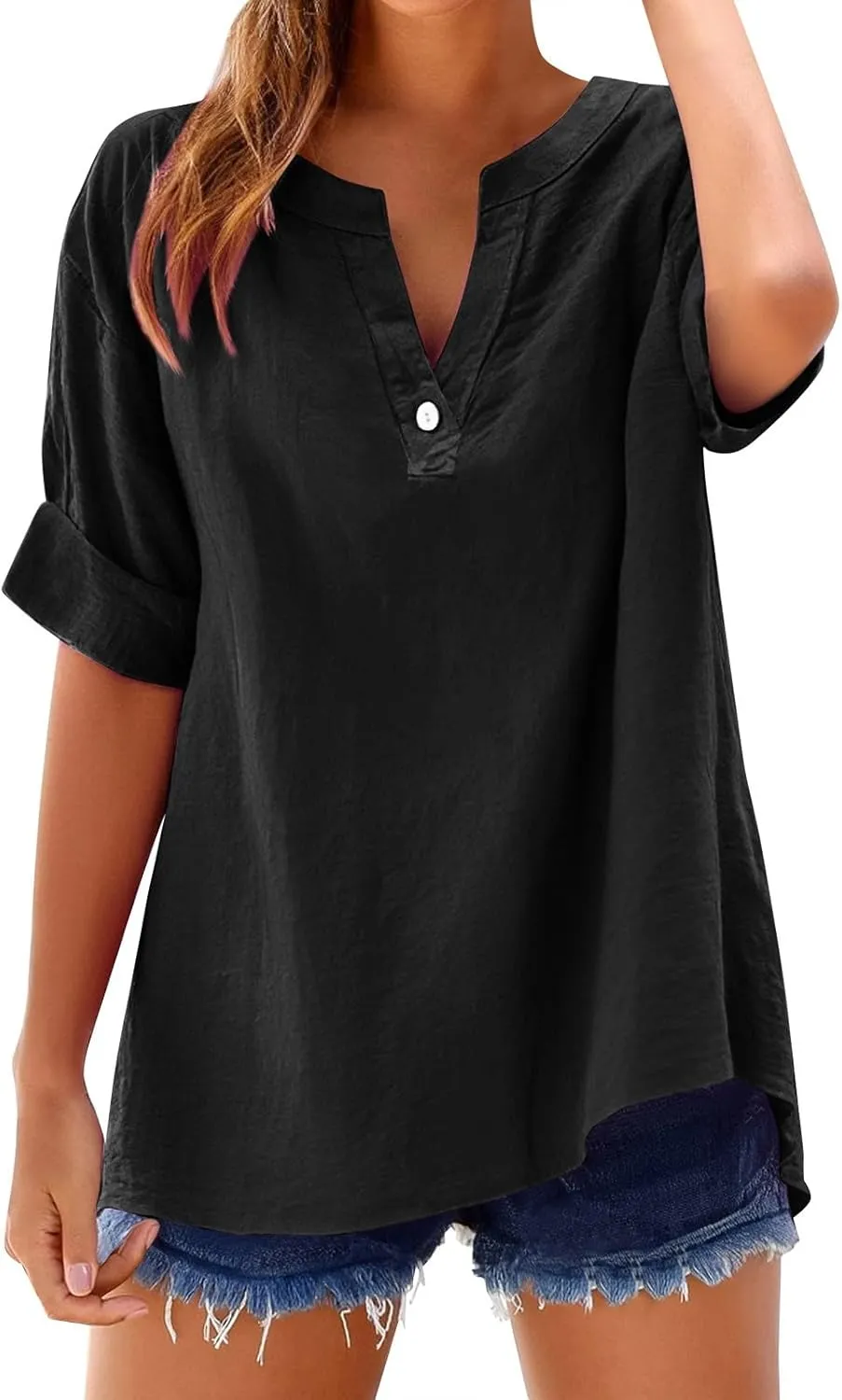Linen Shirts for Women Plus Size Short Sleeve V Neck Shirts Solid Roll up Linen Tops Summer Cotton Blend Tee Shirts
