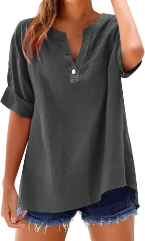 Linen Shirts for Women Plus Size Short Sleeve V Neck Shirts Solid Roll up Linen Tops Summer Cotton Blend Tee Shirts