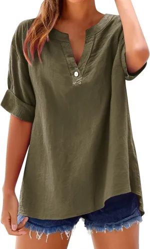 Linen Shirts for Women Plus Size Short Sleeve V Neck Shirts Solid Roll up Linen Tops Summer Cotton Blend Tee Shirts
