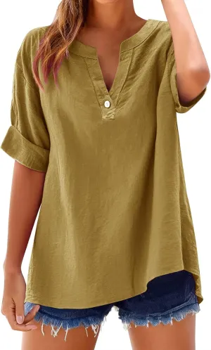 Linen Shirts for Women Plus Size Short Sleeve V Neck Shirts Solid Roll up Linen Tops Summer Cotton Blend Tee Shirts