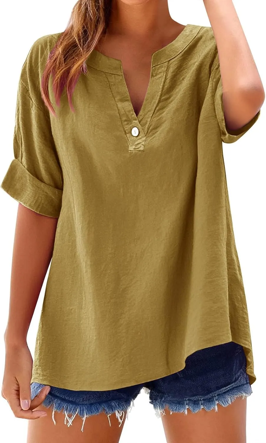 Linen Shirts for Women Plus Size Short Sleeve V Neck Shirts Solid Roll up Linen Tops Summer Cotton Blend Tee Shirts