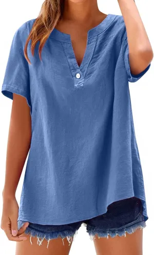 Linen Shirts for Women Short Sleeve Trendy Tops Casual V Neck Blousers Summer Vacation Shirts 2025 Trendy Tops Tees