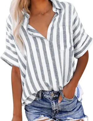 Linen Shirts for Women Striped Button Down Shirts Lightweight Guaze Blouses Short Sleeve Boho Summer Tshirt