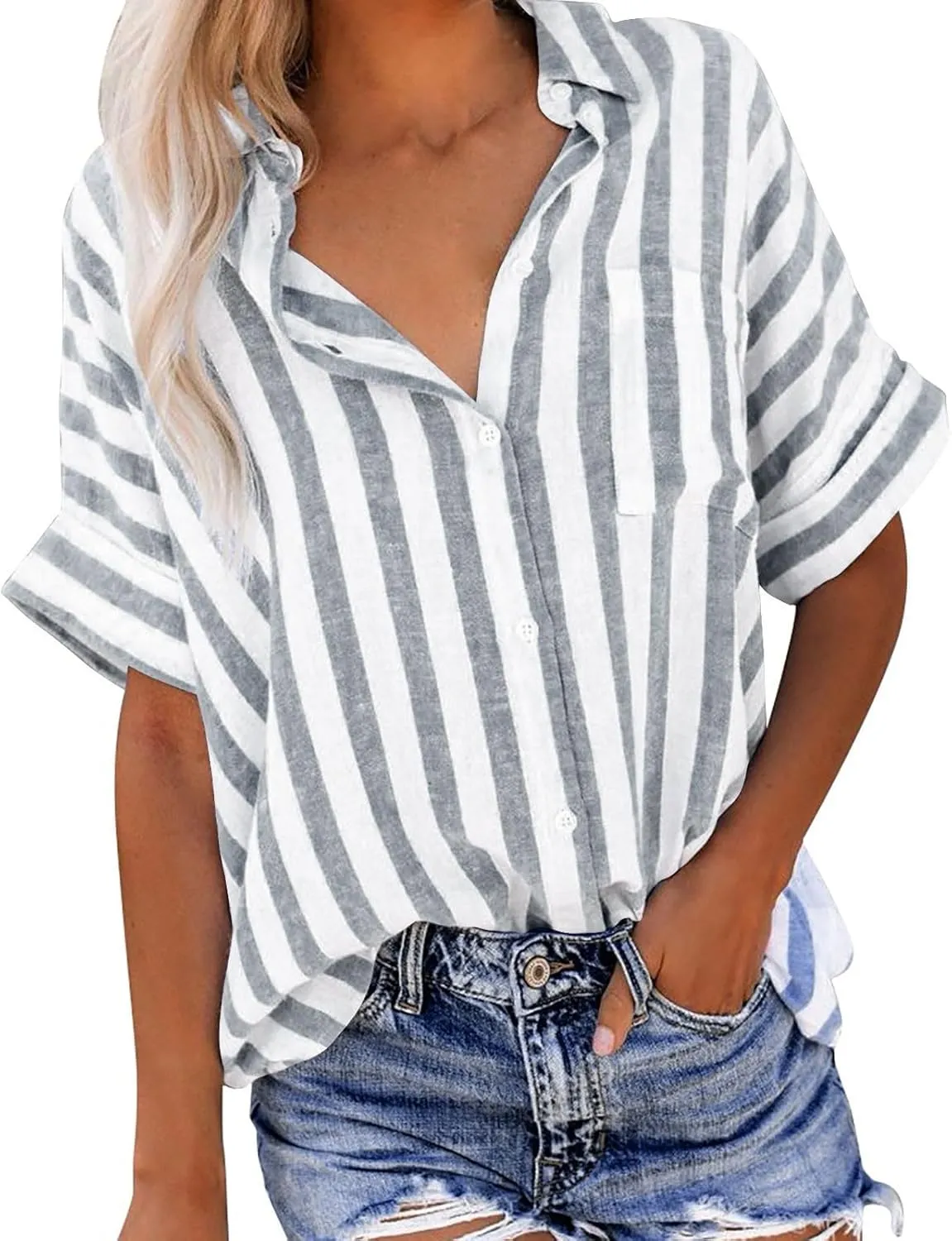 Linen Shirts for Women Striped Button Down Shirts Lightweight Guaze Blouses Short Sleeve Boho Summer Tshirt