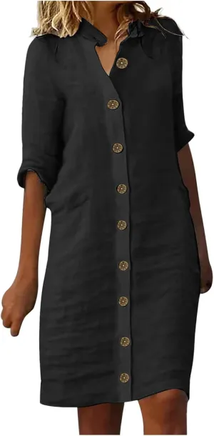 Linen T Shirts for Women Vintage Vacation Button Down Knee Length Shift Dress Summer Fitted Travel Outfits for Women