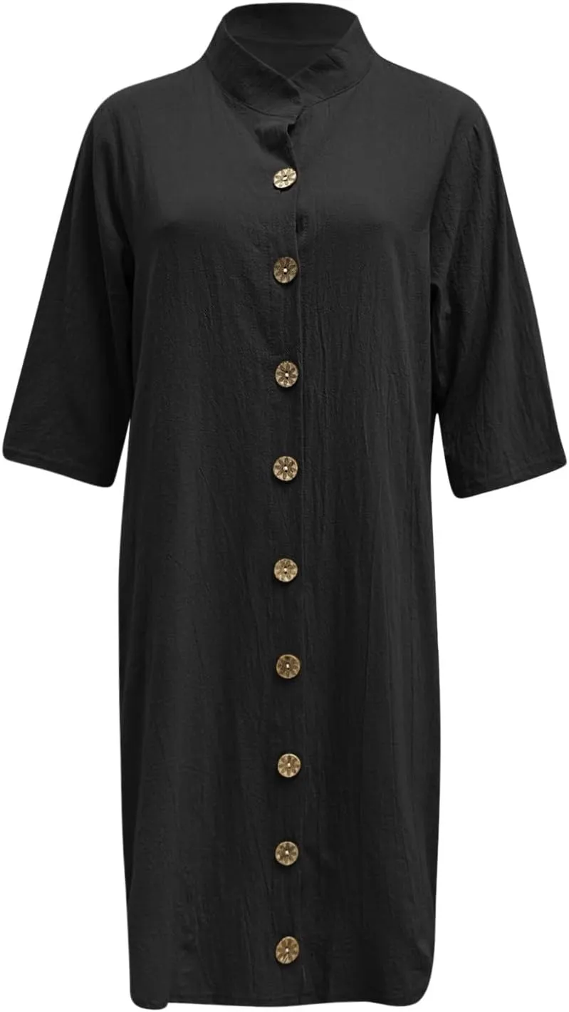 Linen T Shirts for Women Vintage Vacation Button Down Knee Length Shift Dress Summer Fitted Travel Outfits for Women