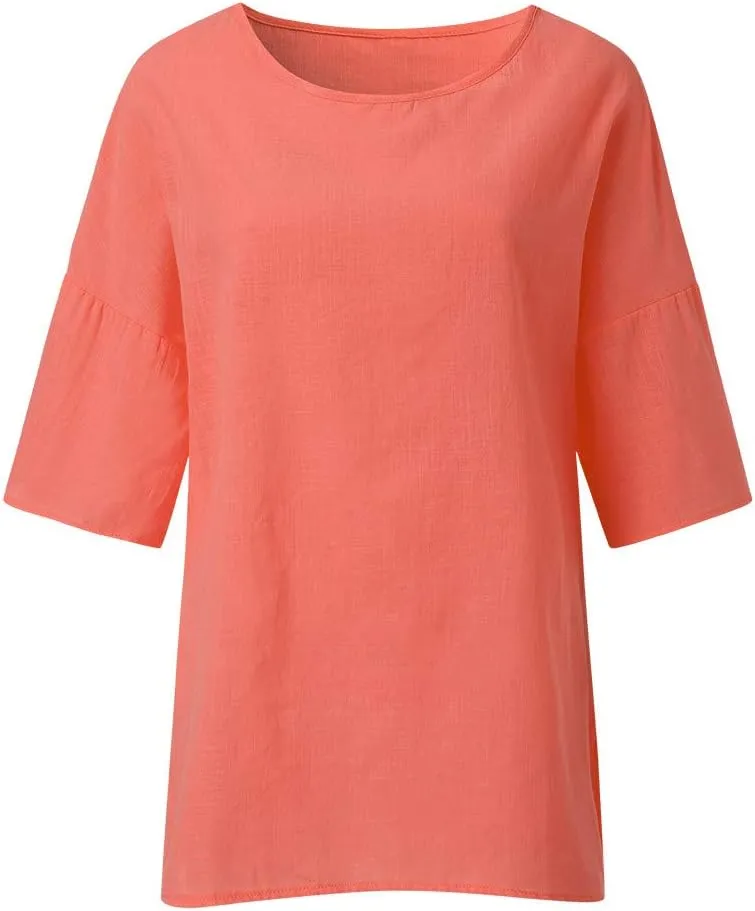 Linen Tops for Women Summer Linen Shirt Women Cotton Linen Top Crew Neck Tshirts Half Sleeve Casual Linen Tops 2025