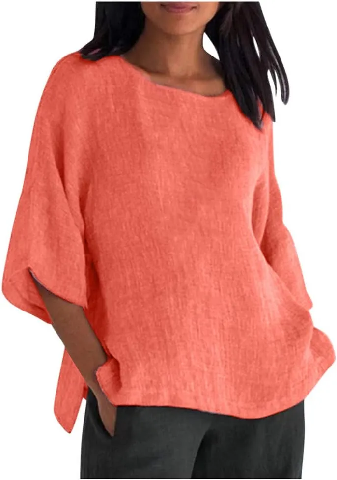 Linen Tops for Women Summer Linen Shirt Women Cotton Linen Top Crew Neck Tshirts Half Sleeve Casual Linen Tops 2025