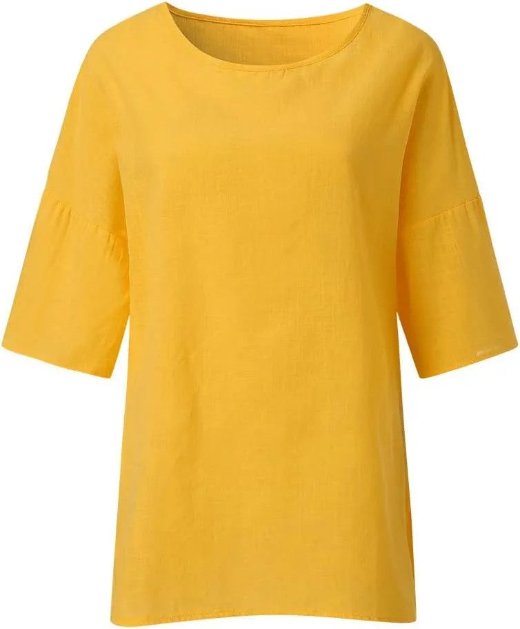 Linen Tops for Women Summer Linen Shirt Women Cotton Linen Top Crew Neck Tshirts Half Sleeve Casual Linen Tops 2025
