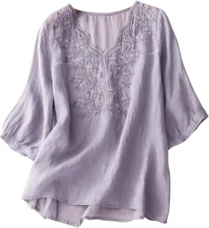 Lmdudan Women's Embroidered Blouse Cotton Linen Tees 3/4 Sleeve V Neck Boho Top Casual Loose T Shirts 2024 Summer Tunics