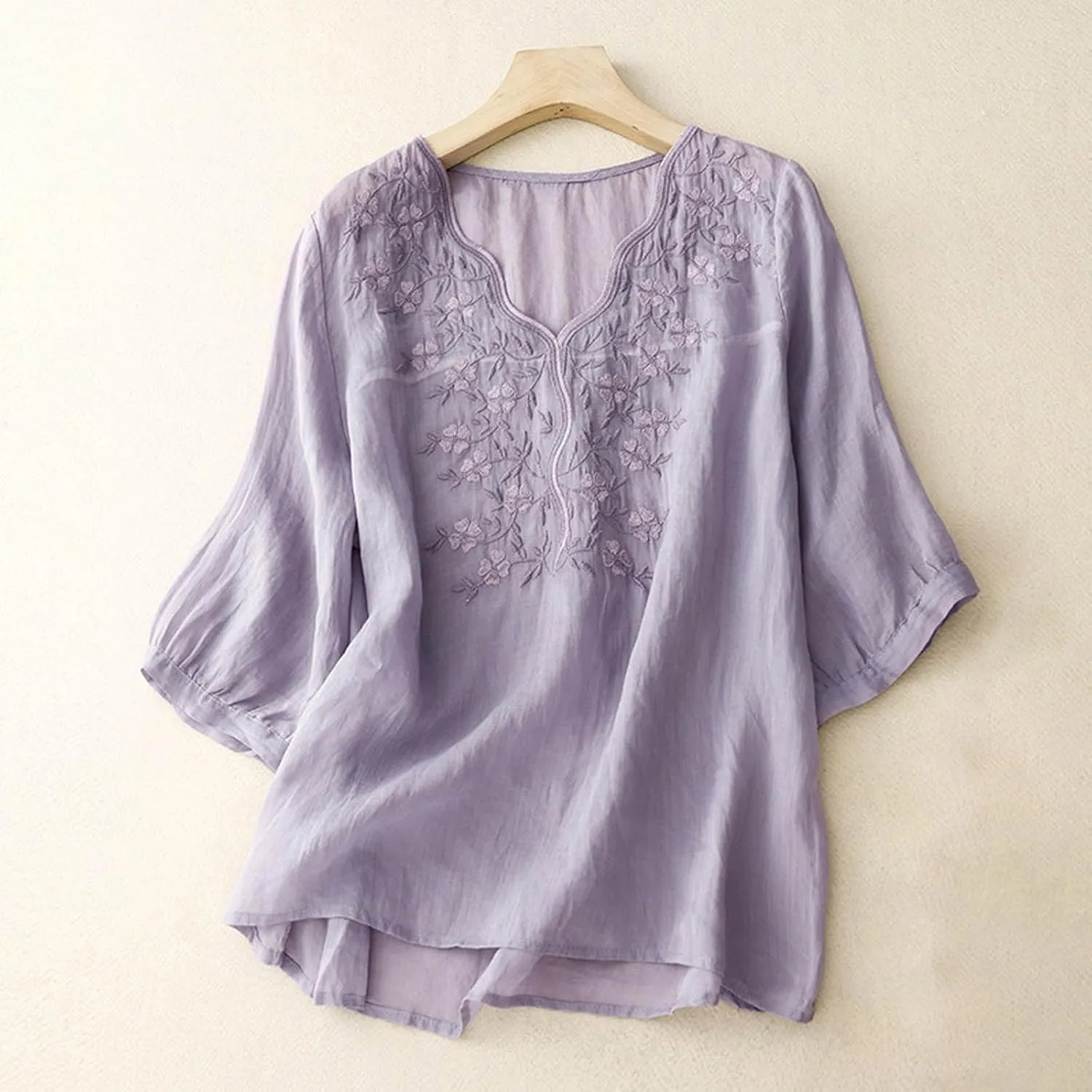 Lmdudan Women's Embroidered Blouse Cotton Linen Tees 3/4 Sleeve V Neck Boho Top Casual Loose T Shirts 2024 Summer Tunics