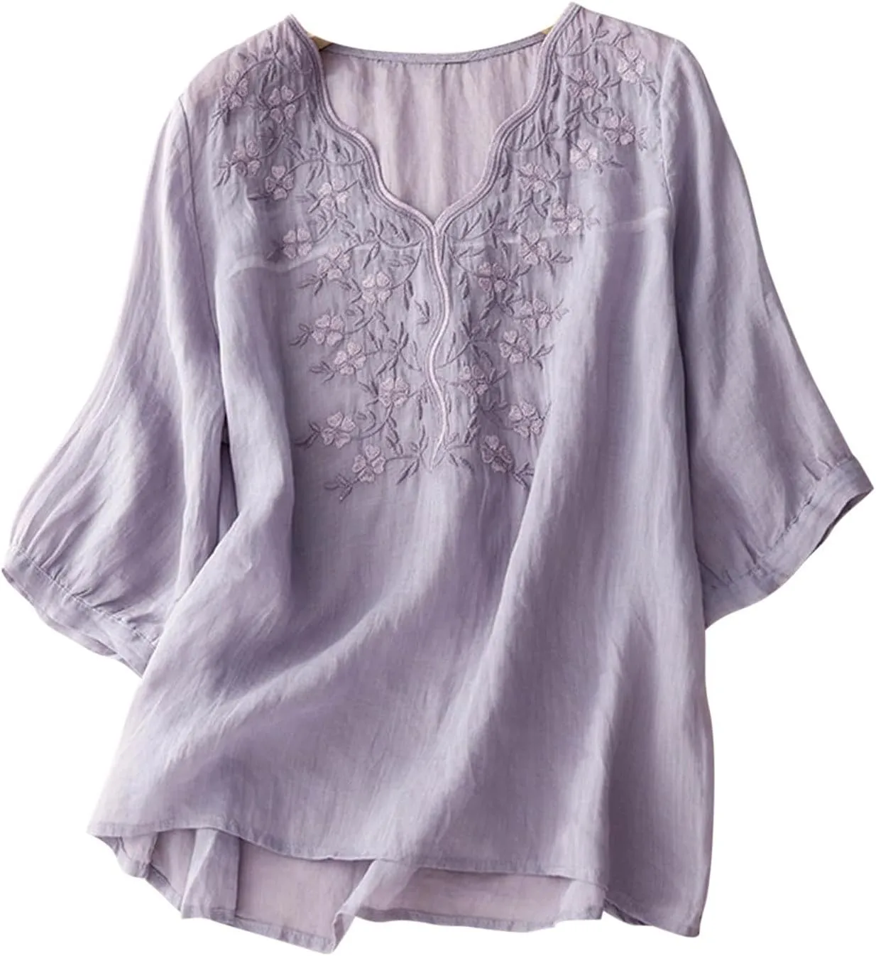 Lmdudan Women's Embroidered Blouse Cotton Linen Tees 3/4 Sleeve V Neck Boho Top Casual Loose T Shirts 2024 Summer Tunics