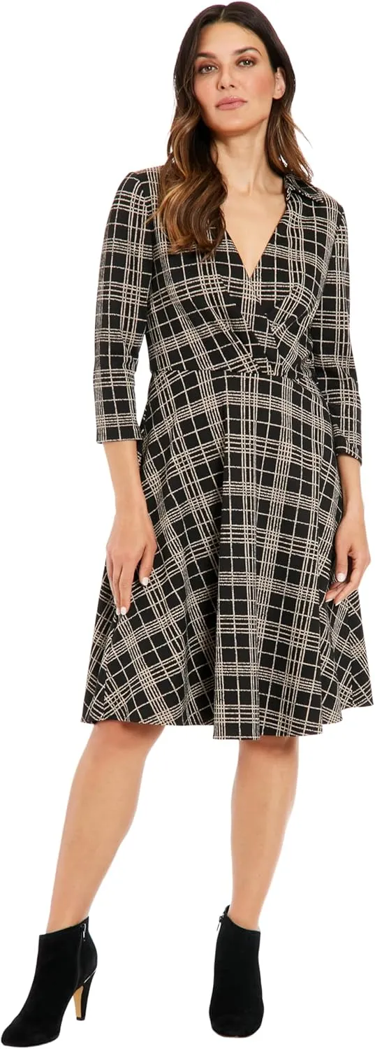 London Times Women's Collared Flare Dress with Pleated Surplice