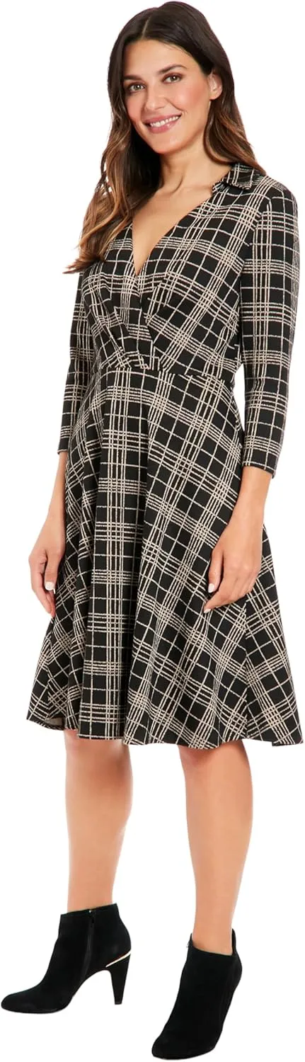 London Times Women's Collared Flare Dress with Pleated Surplice