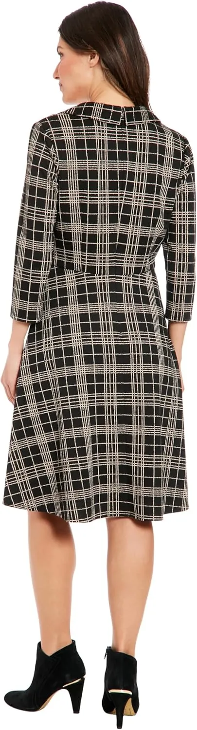 London Times Women's Collared Flare Dress with Pleated Surplice