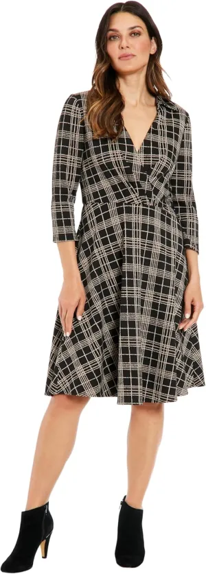 London Times Women's Collared Flare Dress with Pleated Surplice