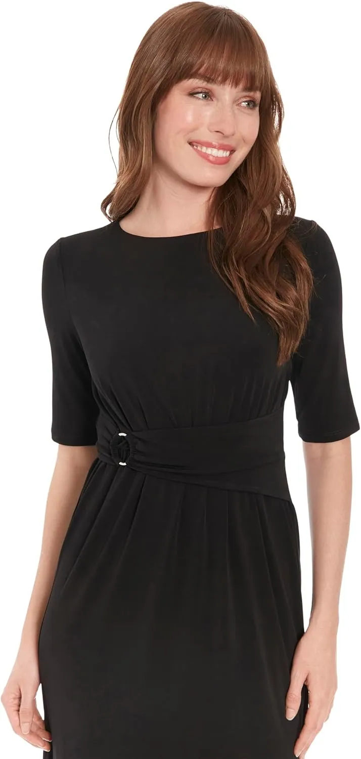 London Times Women's Side Ruched Buckle Midi Dress