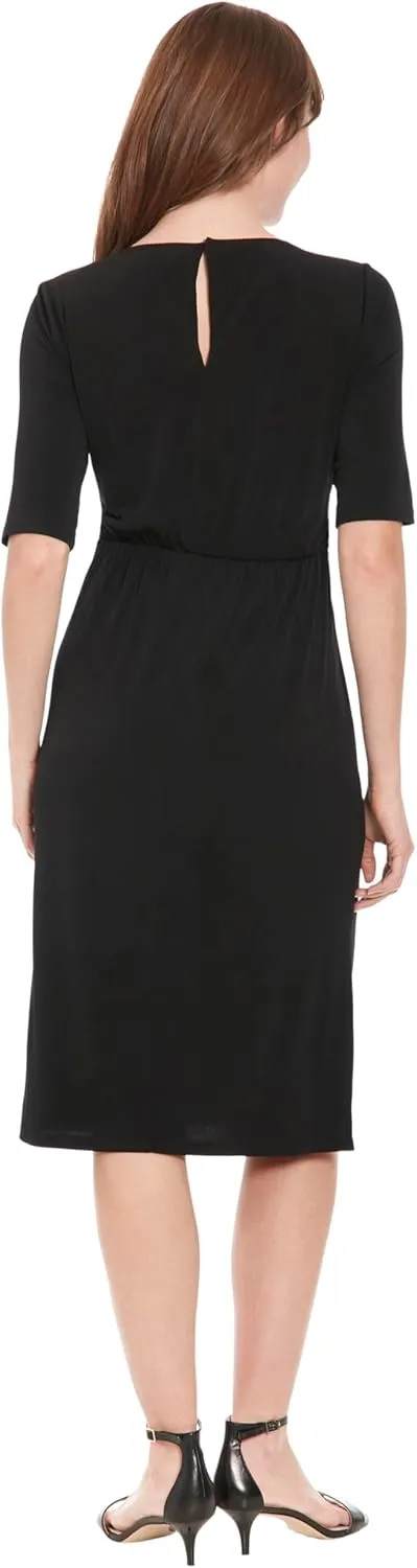 London Times Women's Side Ruched Buckle Midi Dress