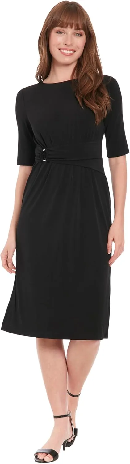 London Times Women's Side Ruched Buckle Midi Dress