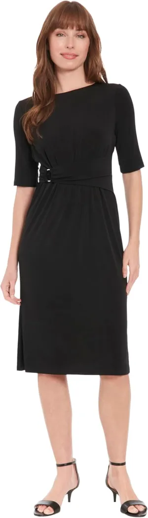London Times Women's Side Ruched Buckle Midi Dress