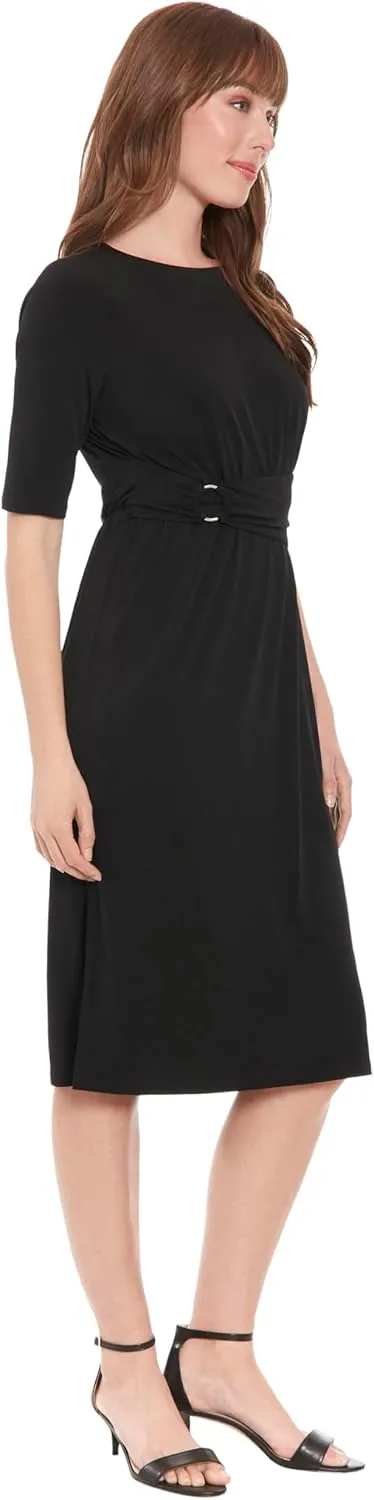 London Times Women's Side Ruched Buckle Midi Dress