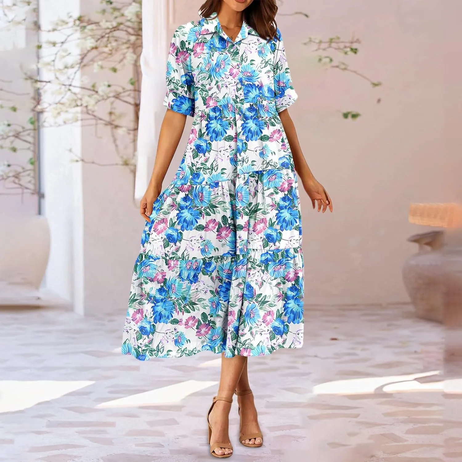 Long Floral Dresses for Women Ruffle 2025 Spring Summer Dresses for Wedding Guest Over 50 Hawaiian Dress Resort Wear