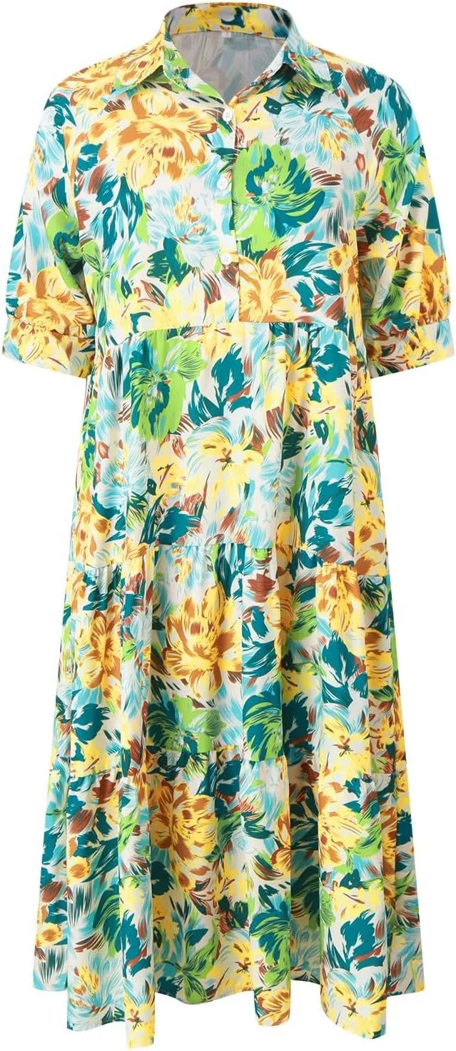 Long Floral Dresses for Women Ruffle 2025 Spring Summer Dresses for Wedding Guest Over 50 Hawaiian Dress Resort Wear