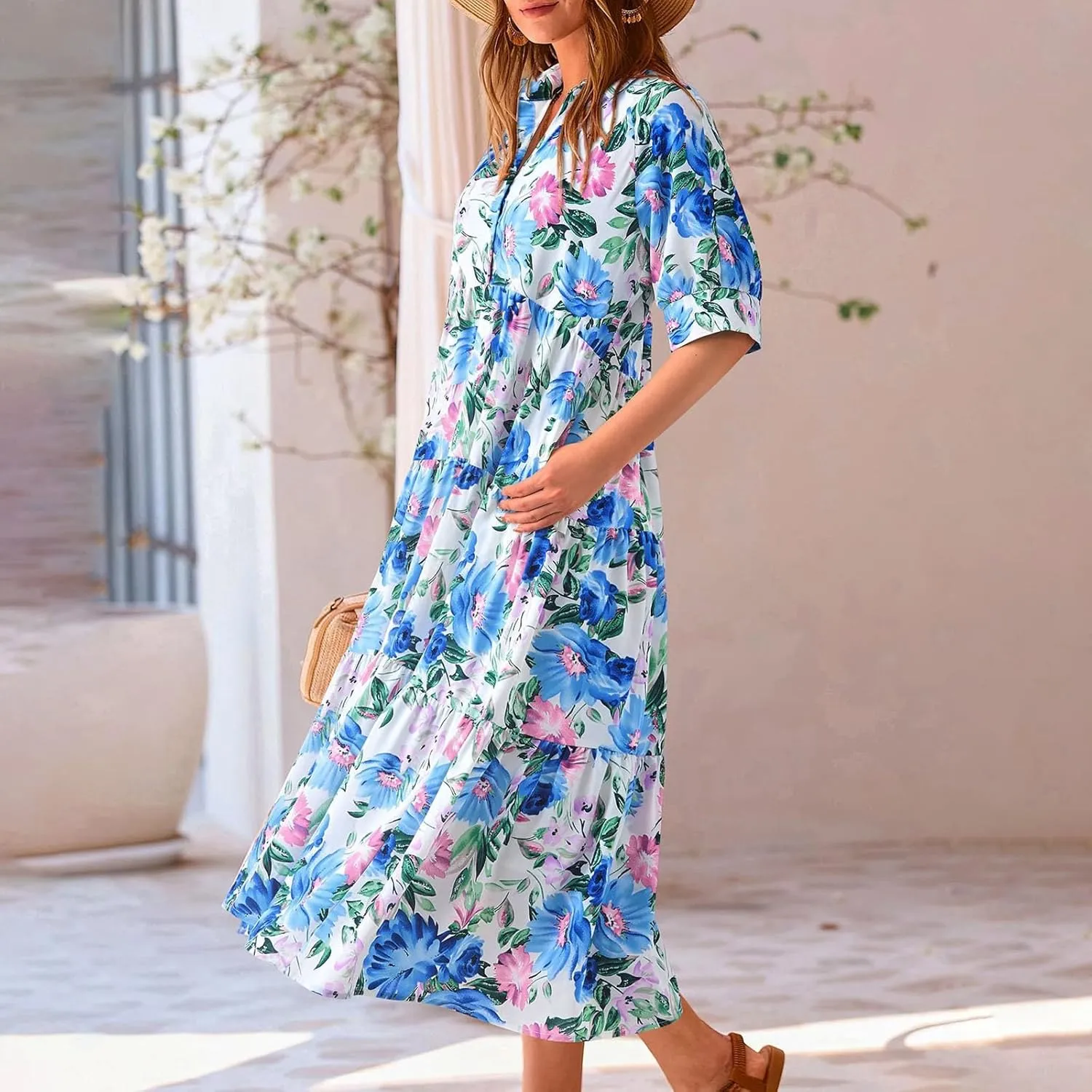 Long Floral Dresses for Women Ruffle 2025 Spring Summer Dresses for Wedding Guest Over 50 Hawaiian Dress Resort Wear