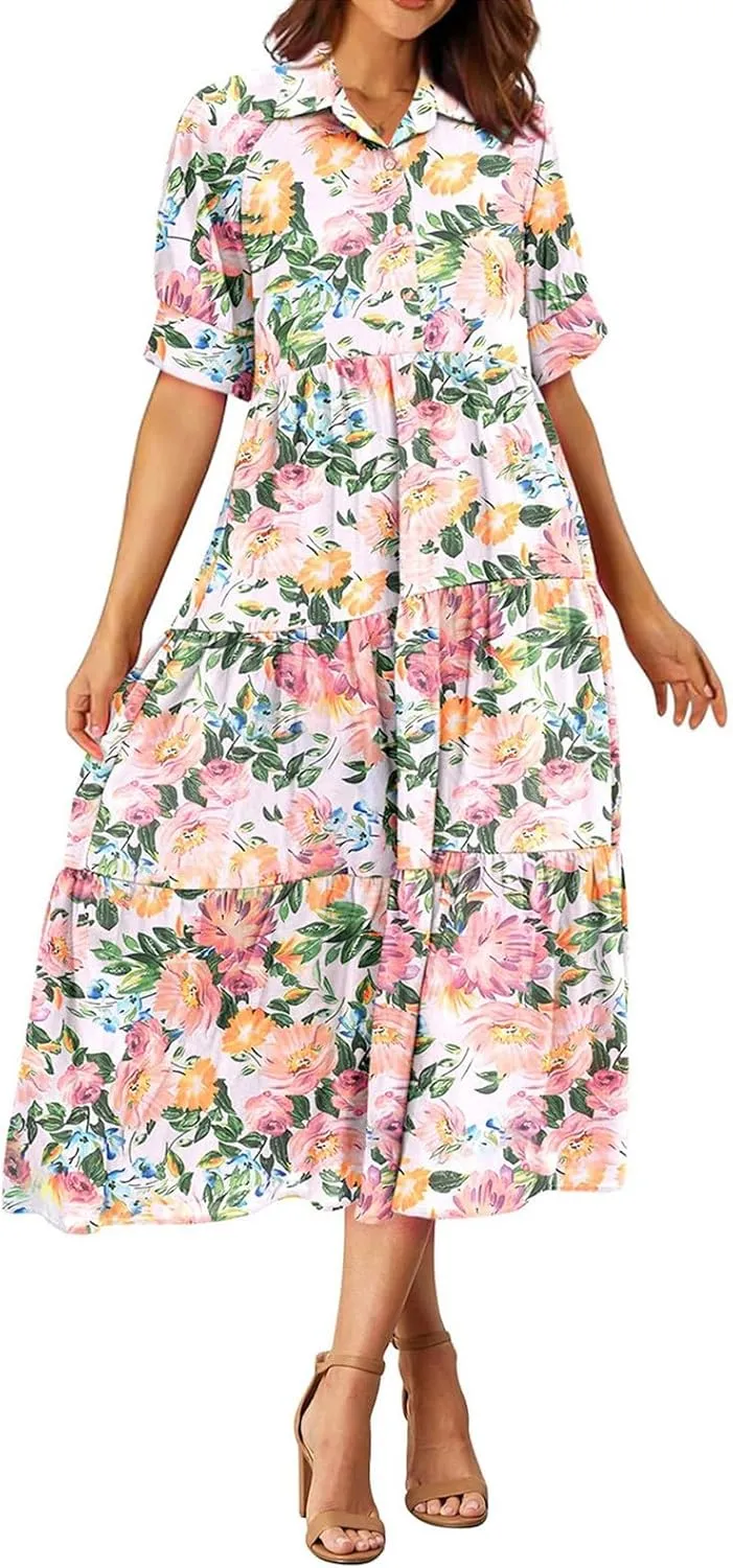 Long Floral Dresses for Women Ruffle 2025 Spring Summer Dresses for Wedding Guest Over 50 Hawaiian Dress Resort Wear