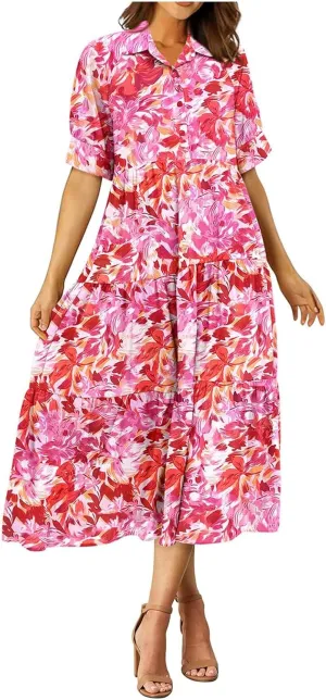 Long Floral Dresses for Women Ruffle 2025 Spring Summer Dresses for Wedding Guest Over 50 Hawaiian Dress Resort Wear