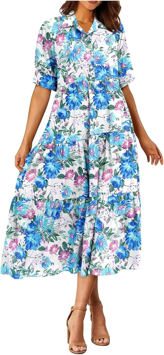 Long Floral Dresses for Women Ruffle 2025 Spring Summer Dresses for Wedding Guest Over 50 Hawaiian Dress Resort Wear