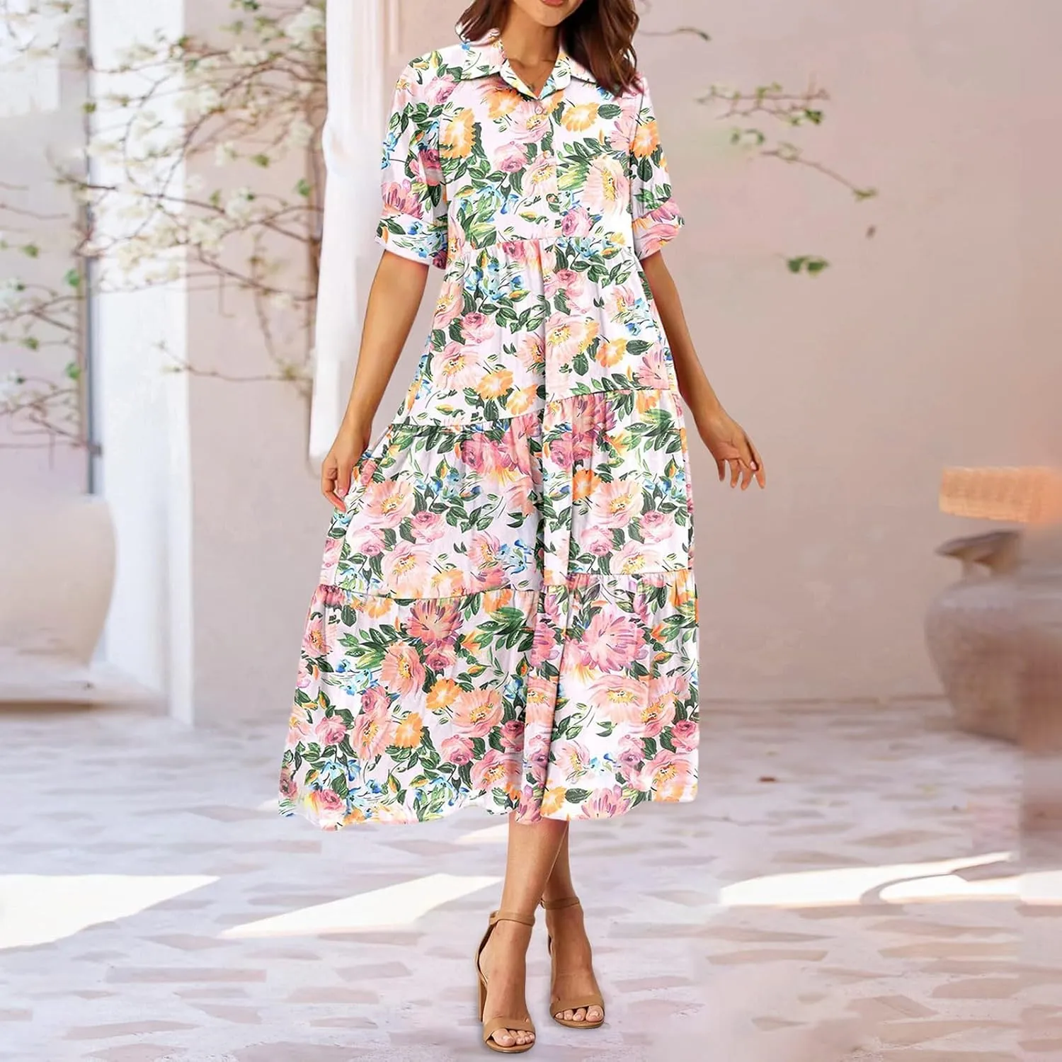 Long Floral Dresses for Women Ruffle 2025 Spring Summer Dresses for Wedding Guest Over 50 Hawaiian Dress Resort Wear