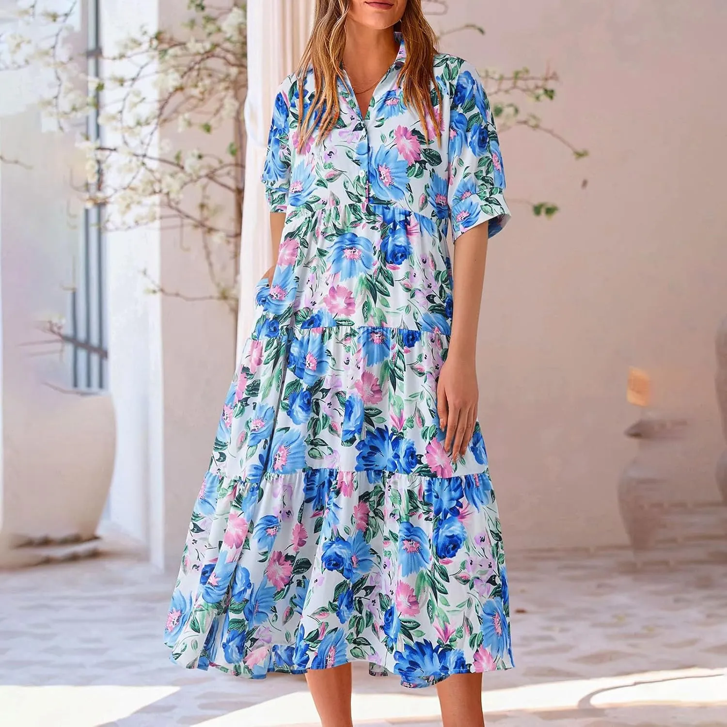 Long Floral Dresses for Women Ruffle 2025 Spring Summer Dresses for Wedding Guest Over 50 Hawaiian Dress Resort Wear