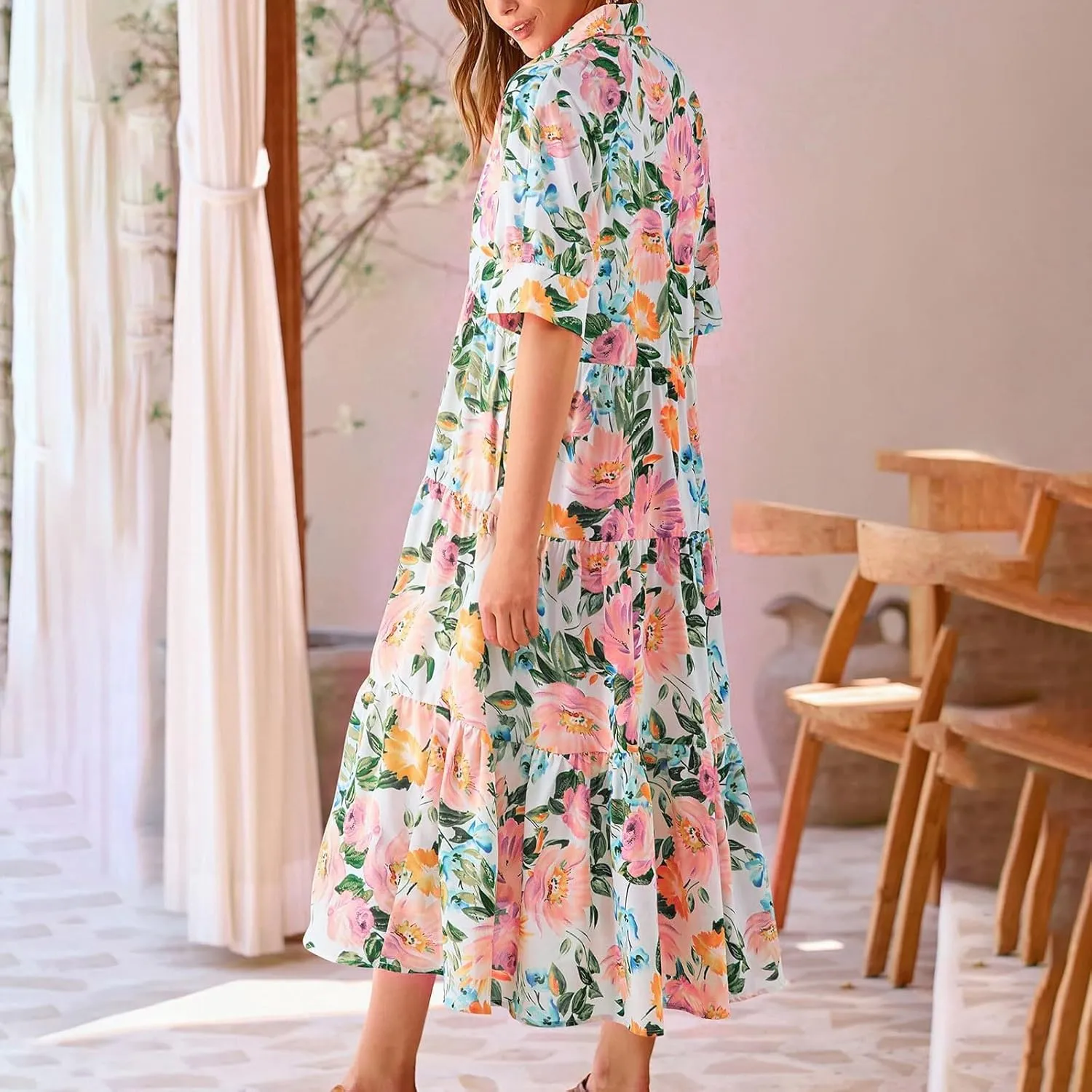 Long Floral Dresses for Women Ruffle 2025 Spring Summer Dresses for Wedding Guest Over 50 Hawaiian Dress Resort Wear