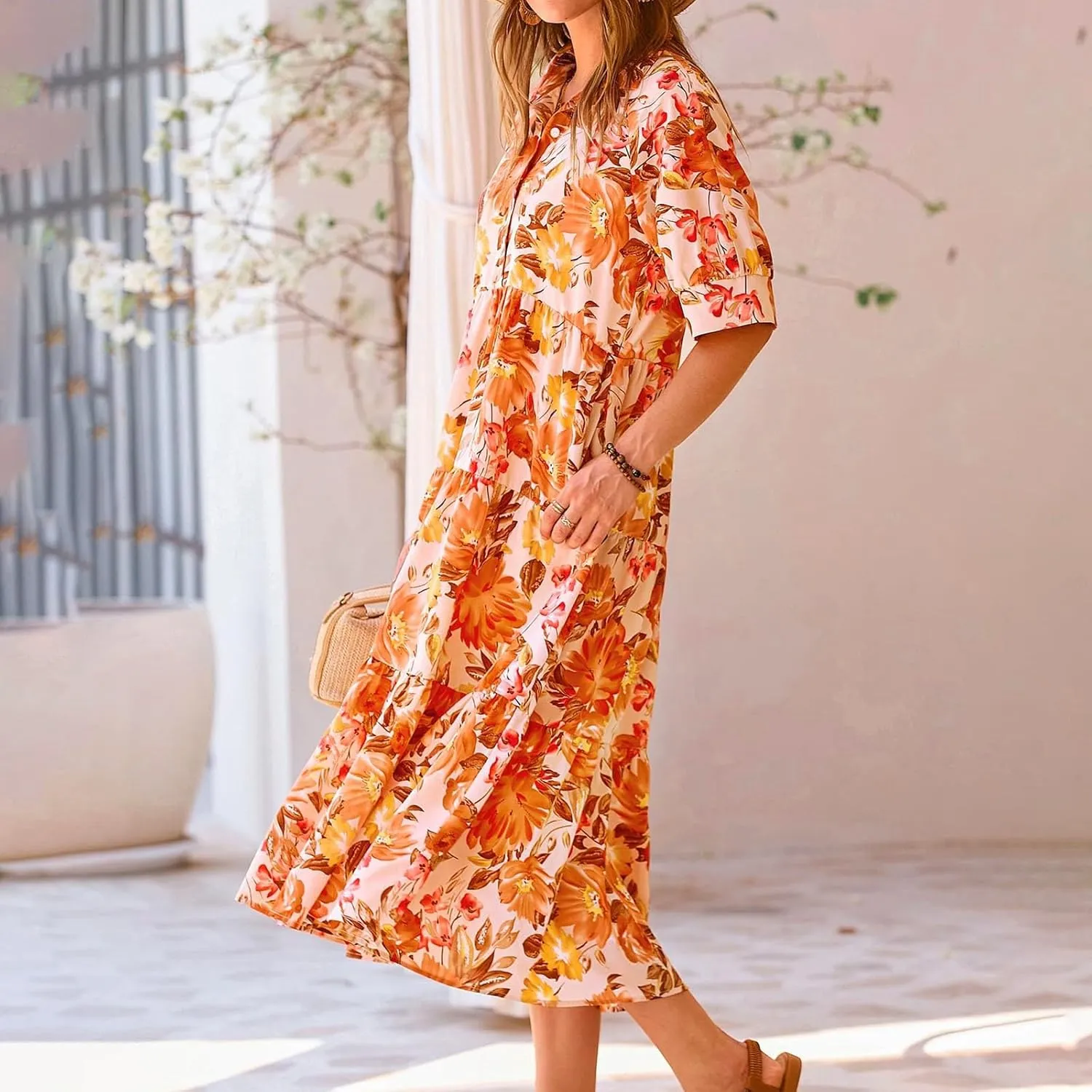 Long Floral Dresses for Women Ruffle 2025 Spring Summer Dresses for Wedding Guest Over 50 Hawaiian Dress Resort Wear