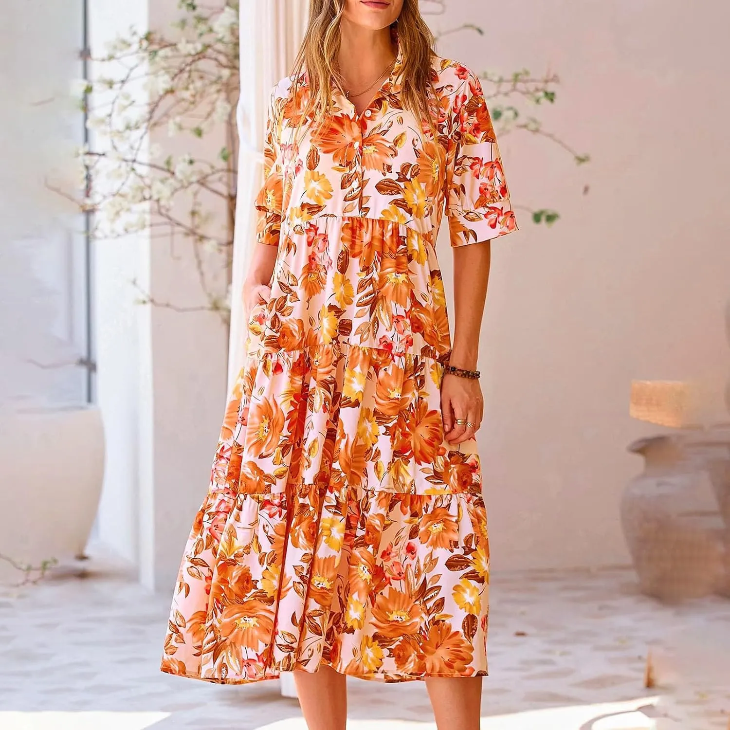 Long Floral Dresses for Women Ruffle 2025 Spring Summer Dresses for Wedding Guest Over 50 Hawaiian Dress Resort Wear