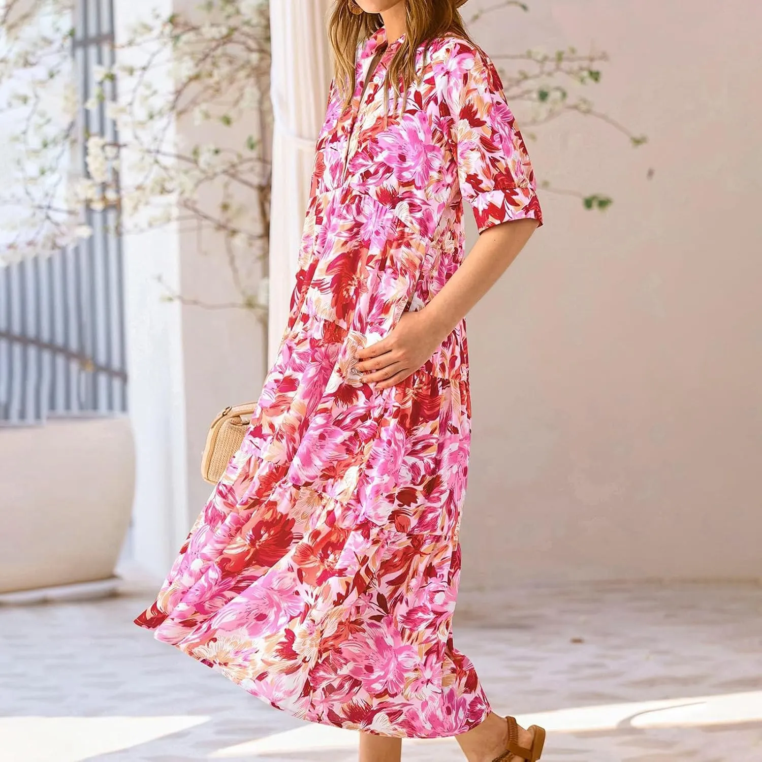 Long Floral Dresses for Women Ruffle 2025 Spring Summer Dresses for Wedding Guest Over 50 Hawaiian Dress Resort Wear
