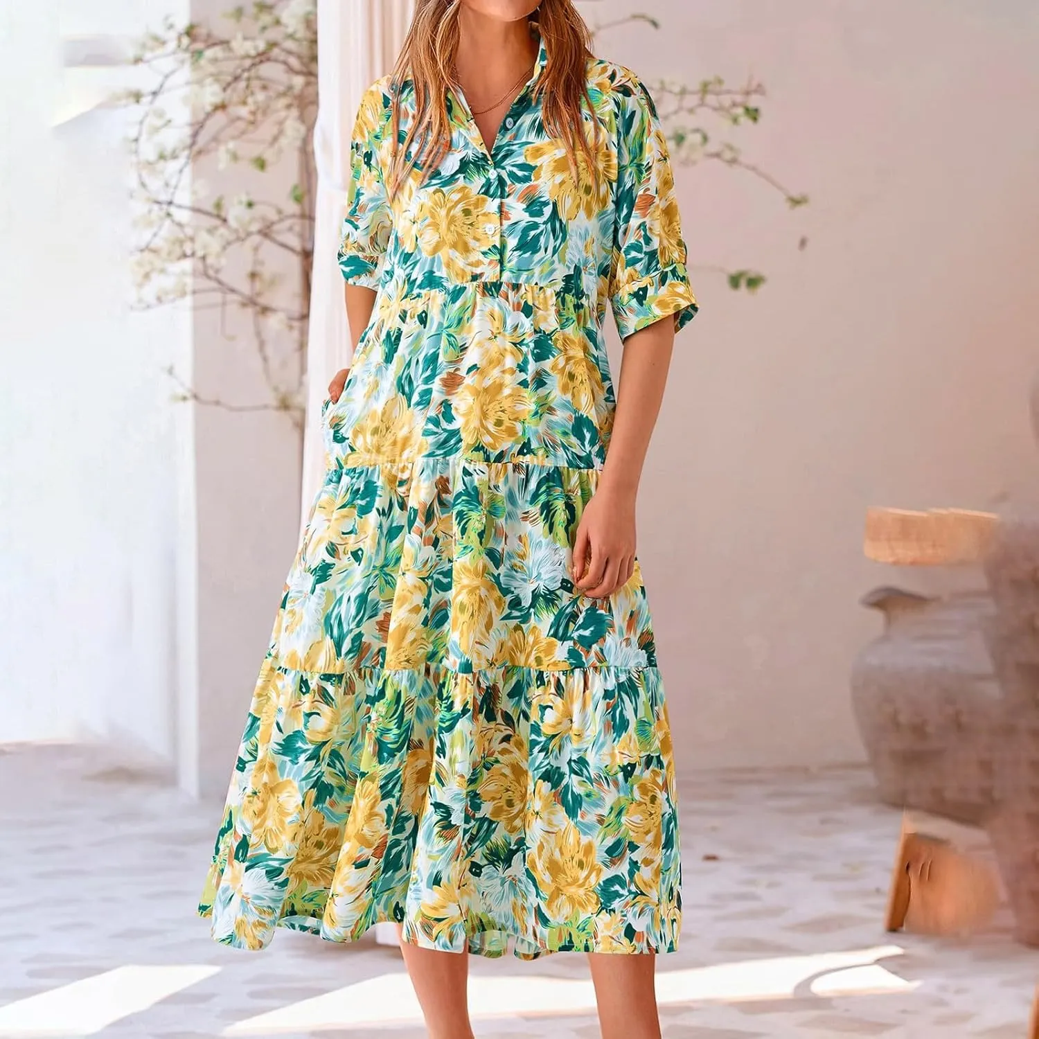 Long Floral Dresses for Women Ruffle 2025 Spring Summer Dresses for Wedding Guest Over 50 Hawaiian Dress Resort Wear