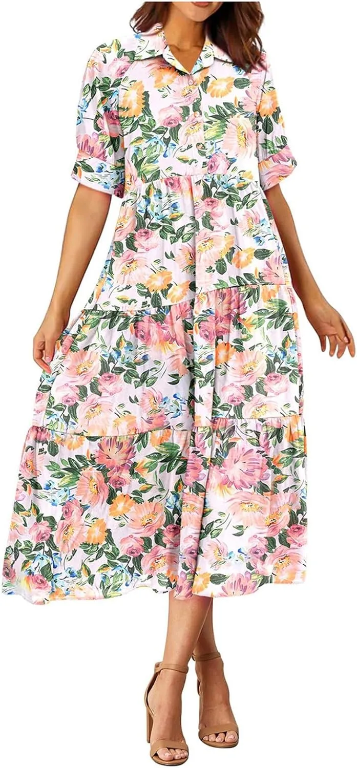Long Floral Dresses for Women Ruffle 2025 Spring Summer Dresses for Wedding Guest Over 50 Hawaiian Dress Resort Wear