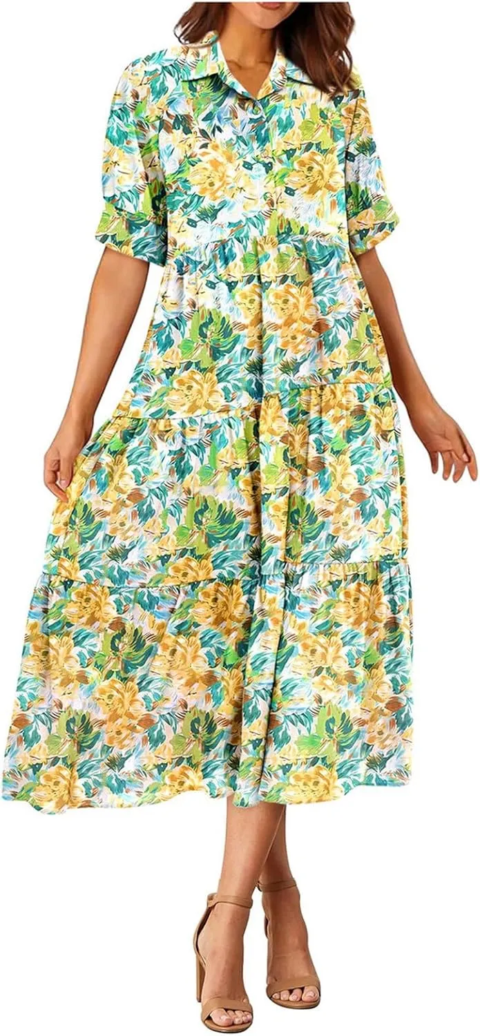 Long Floral Dresses for Women Ruffle 2025 Spring Summer Dresses for Wedding Guest Over 50 Hawaiian Dress Resort Wear