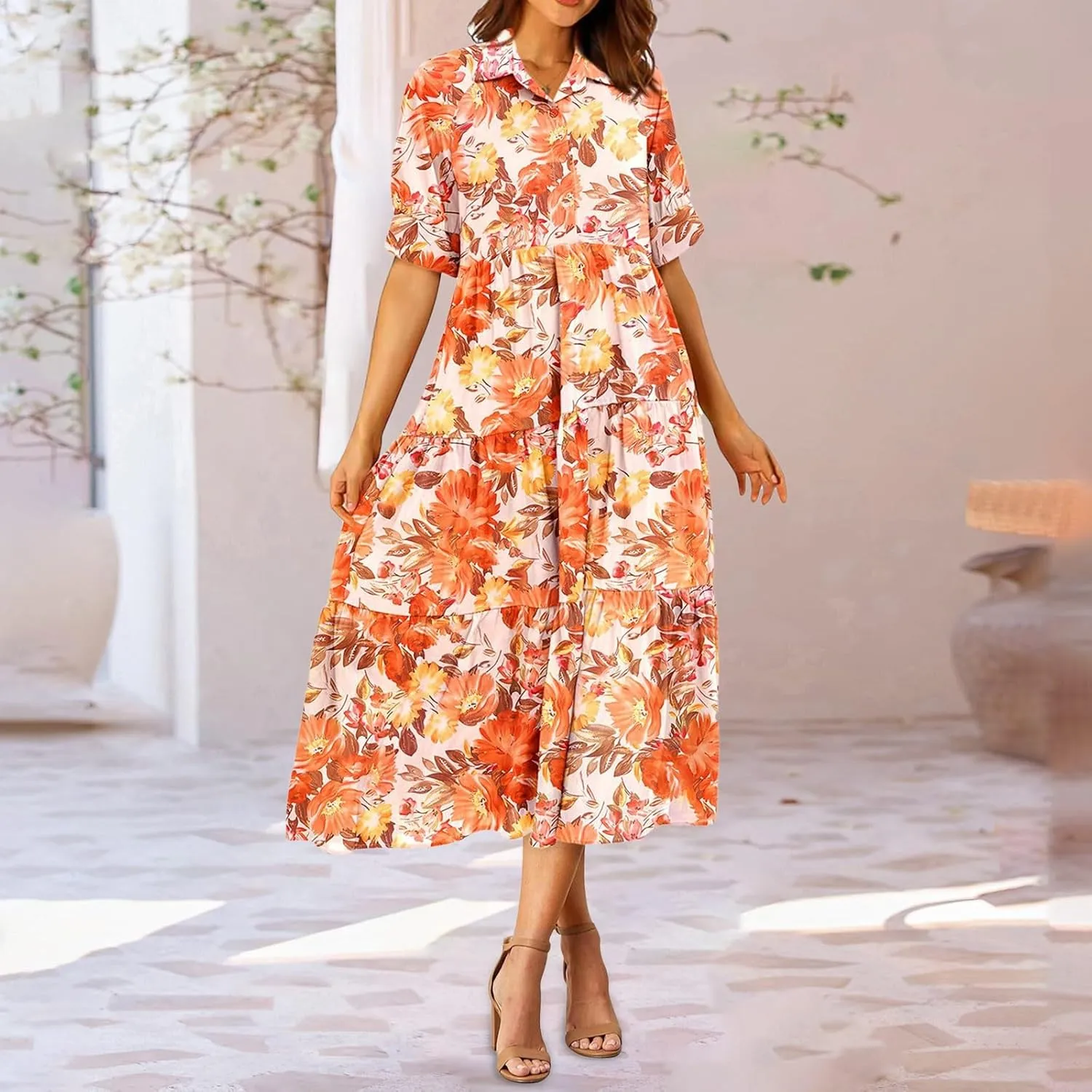 Long Floral Dresses for Women Ruffle 2025 Spring Summer Dresses for Wedding Guest Over 50 Hawaiian Dress Resort Wear