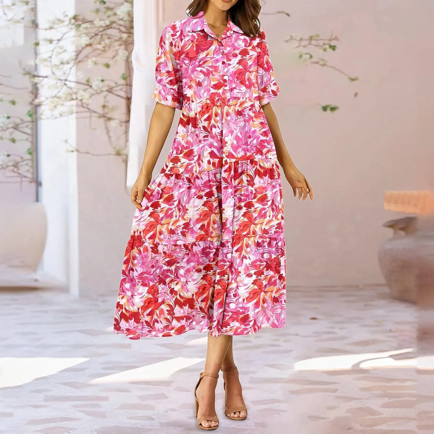 Long Floral Dresses for Women Ruffle 2025 Spring Summer Dresses for Wedding Guest Over 50 Hawaiian Dress Resort Wear