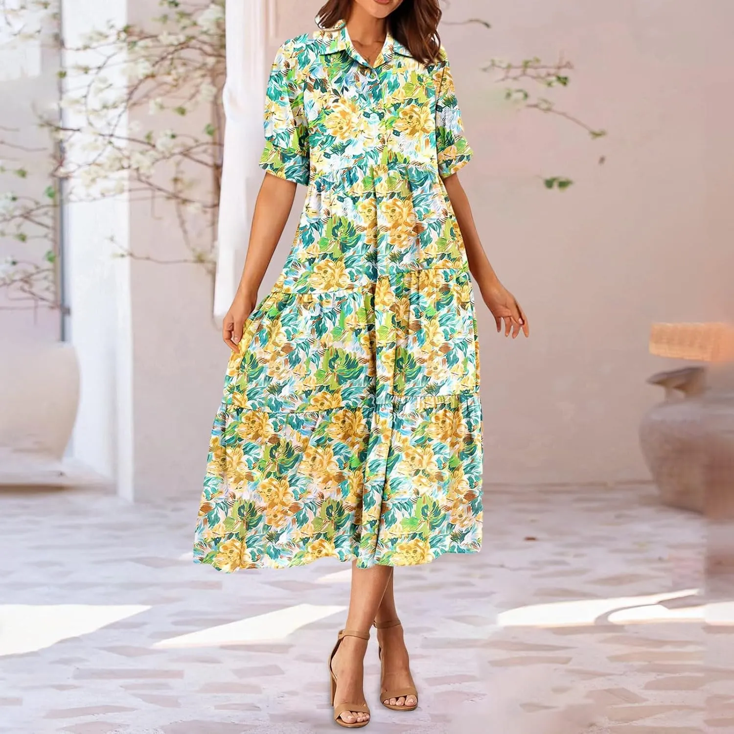 Long Floral Dresses for Women Ruffle 2025 Spring Summer Dresses for Wedding Guest Over 50 Hawaiian Dress Resort Wear