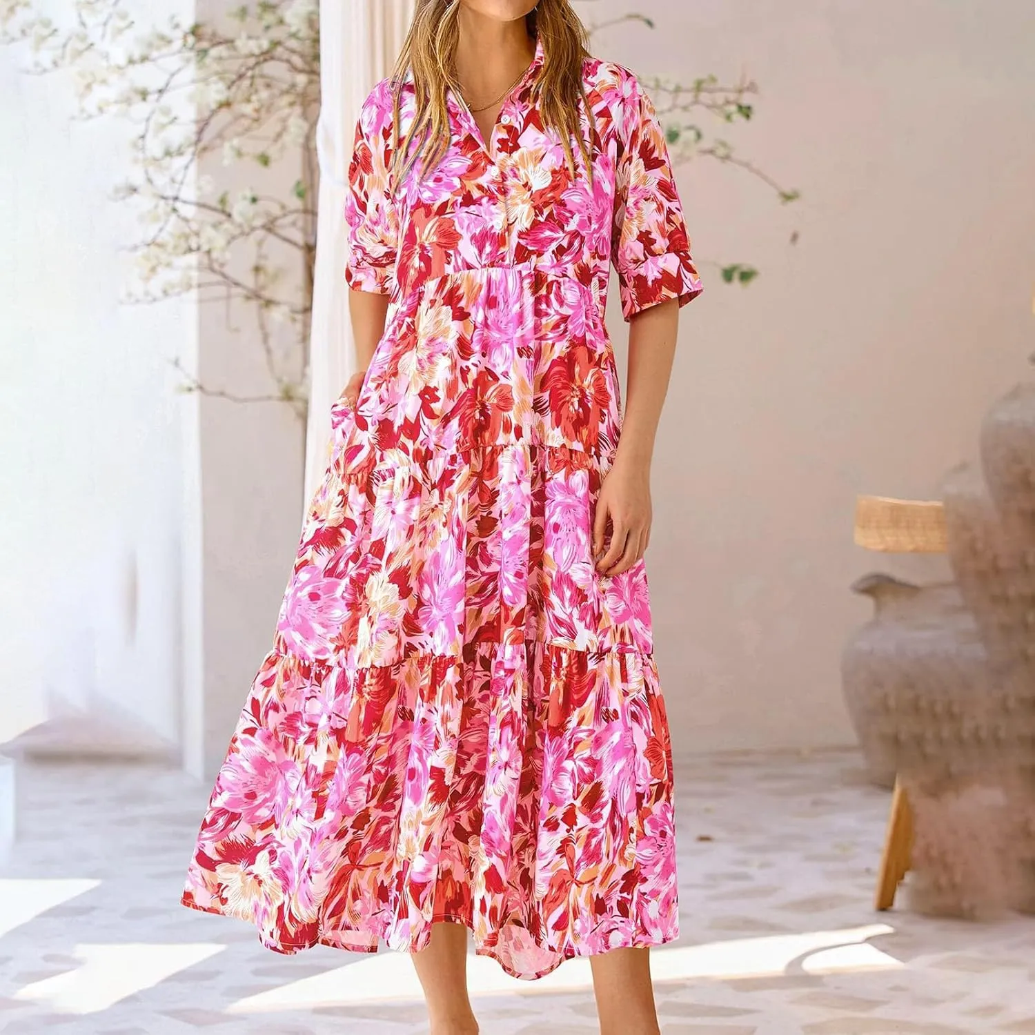 Long Floral Dresses for Women Ruffle 2025 Spring Summer Dresses for Wedding Guest Over 50 Hawaiian Dress Resort Wear