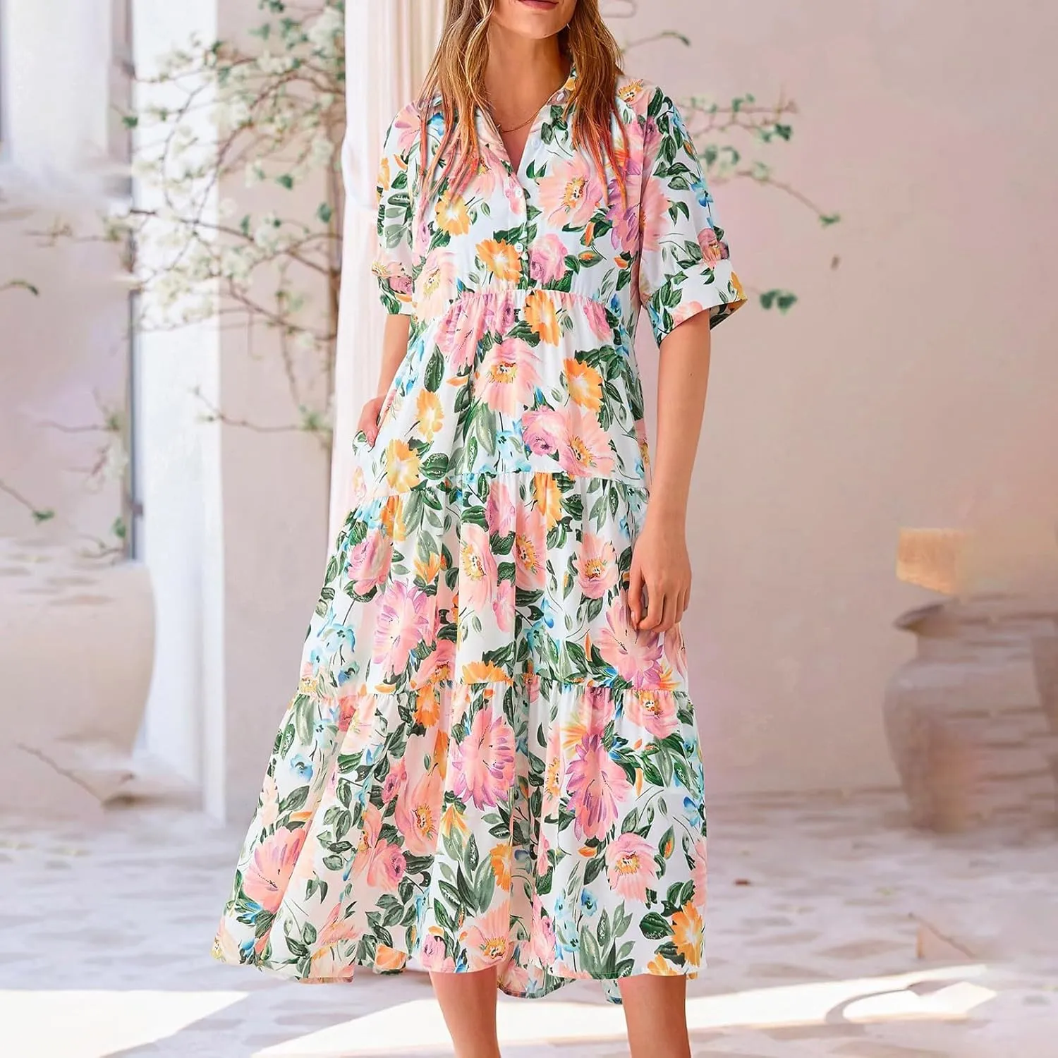 Long Floral Dresses for Women Ruffle 2025 Spring Summer Dresses for Wedding Guest Over 50 Hawaiian Dress Resort Wear