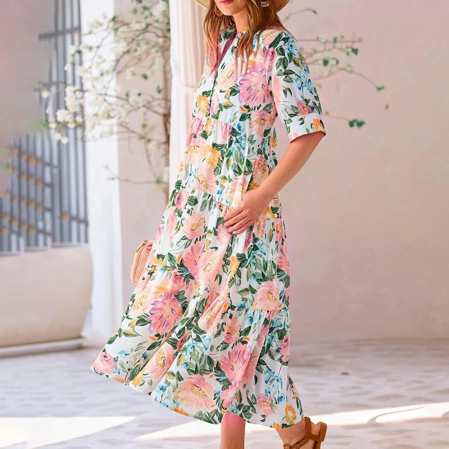 Long Floral Dresses for Women Ruffle 2025 Spring Summer Dresses for Wedding Guest Over 50 Hawaiian Dress Resort Wear