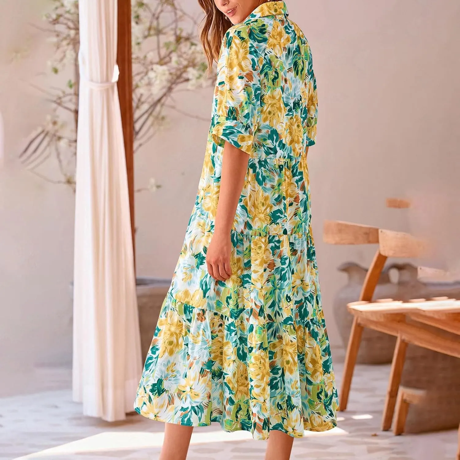 Long Floral Dresses for Women Ruffle 2025 Spring Summer Dresses for Wedding Guest Over 50 Hawaiian Dress Resort Wear