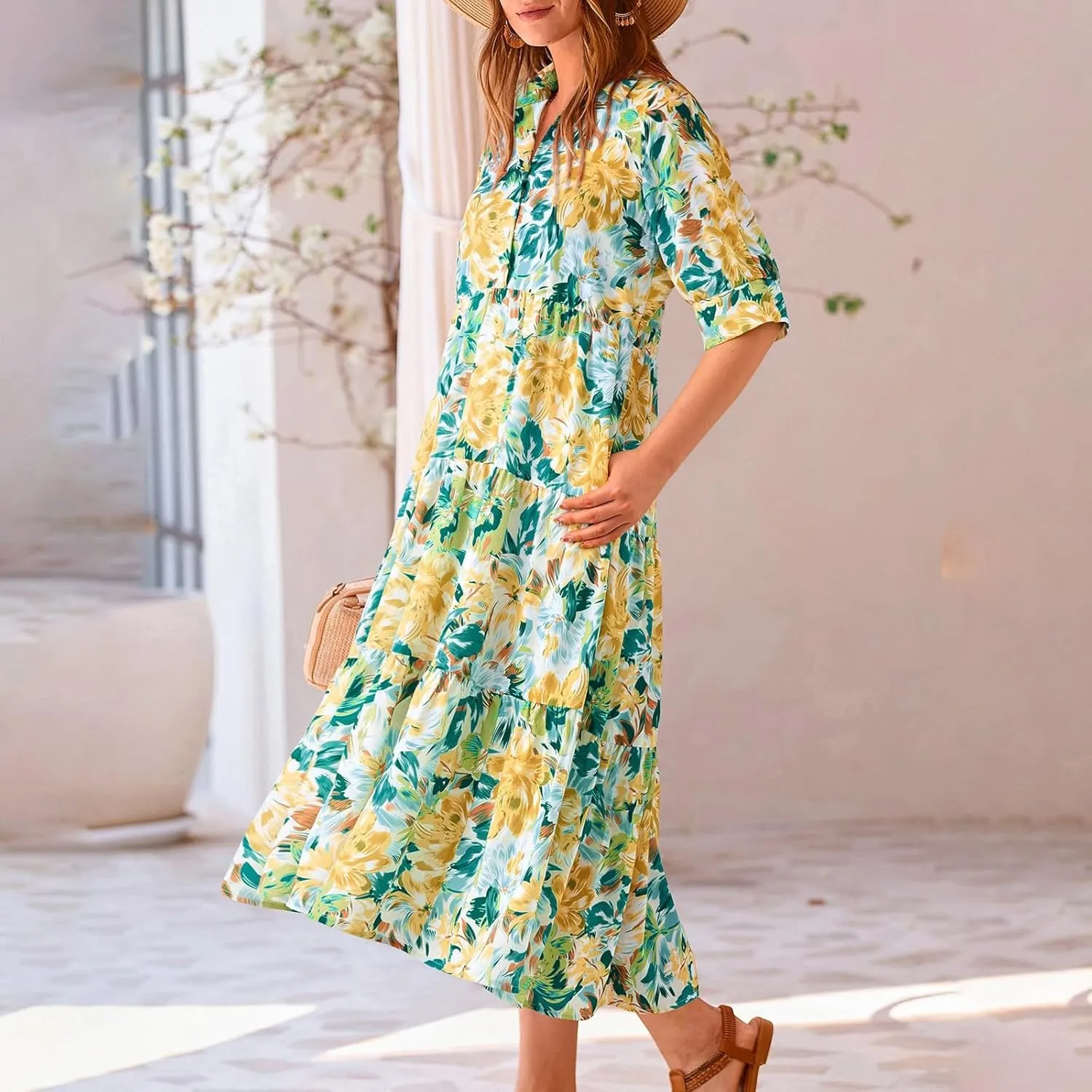Long Floral Dresses for Women Ruffle 2025 Spring Summer Dresses for Wedding Guest Over 50 Hawaiian Dress Resort Wear