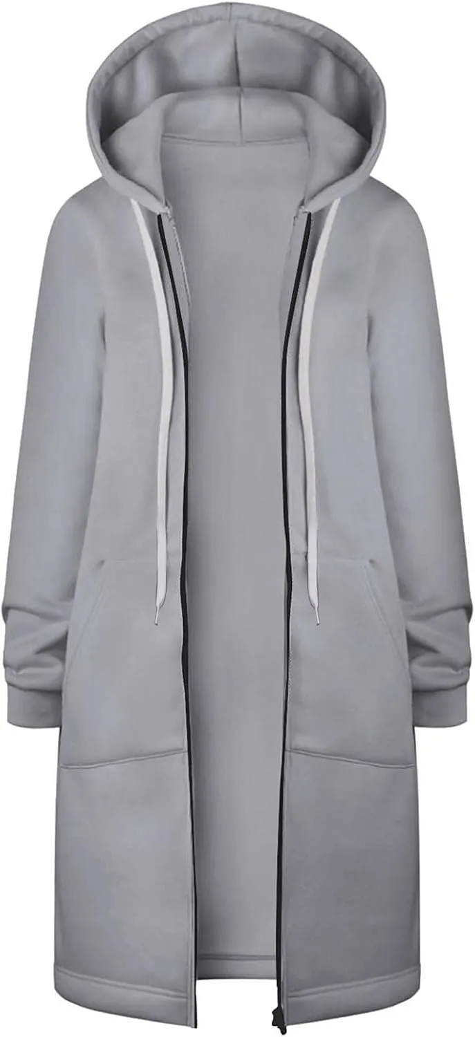 Long Hoodies for Women Zipper Fleece Hooded Jacket Fall/Winter Lightweight Casual Tunic Sweatshirts with Pockets