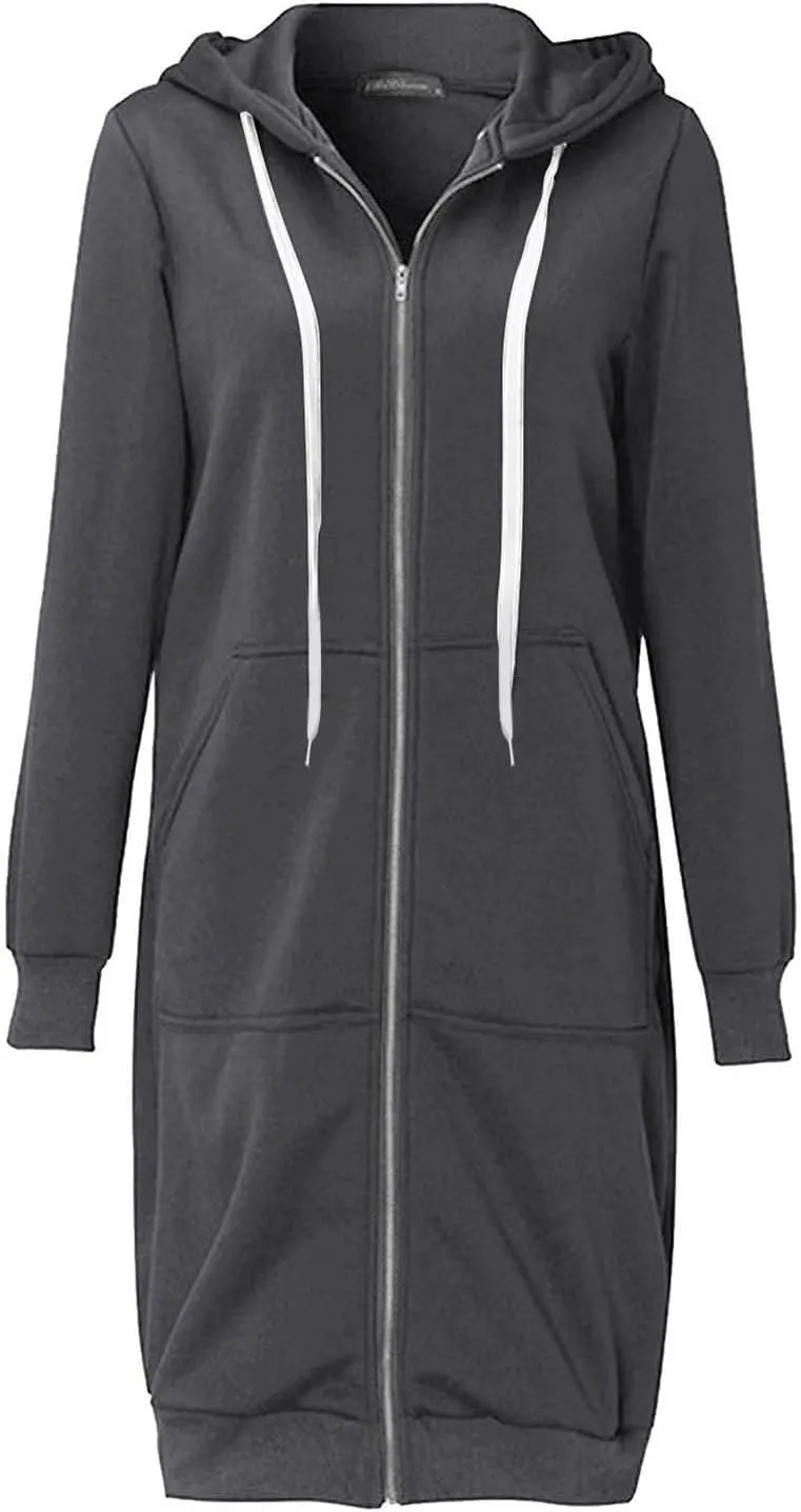 Long Hoodies for Women Zipper Fleece Hooded Jacket Fall/Winter Lightweight Casual Tunic Sweatshirts with Pockets